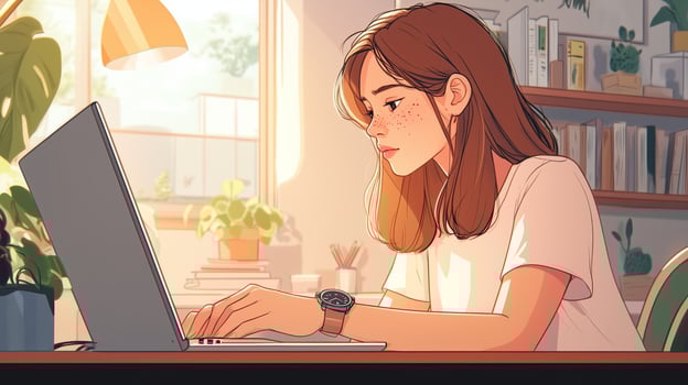A young woman focuses intently on her laptop while sitting in a cozy, sunlit room filled with plants and books during the afternoon photo