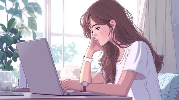 Young woman studies attentively at her laptop in a cozy room filled with natural light during the day photo