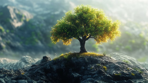 A solitary tree stands proudly atop a rocky outcrop, basking in the warm sunlight of a serene morning in an untouched landscape photo