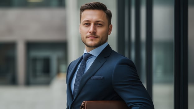 A confident business professional posing outdoors in formal attire near a modern office building in the afternoon sun photo