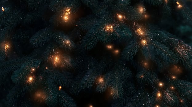 Twinkling lights adorn a lush evergreen tree during a cozy winter evening photo