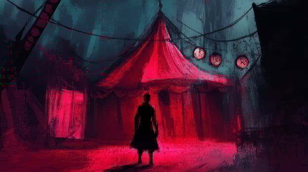 Mysterious figure stands before a vibrant circus tent illuminated by pink lights in an eerie, shadowy landscape at dusk photo