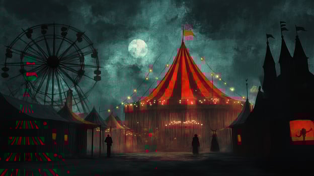 A mysterious carnival at night featuring a large red-striped tent and a silhouetted Ferris wheel under a glowing full moon photo