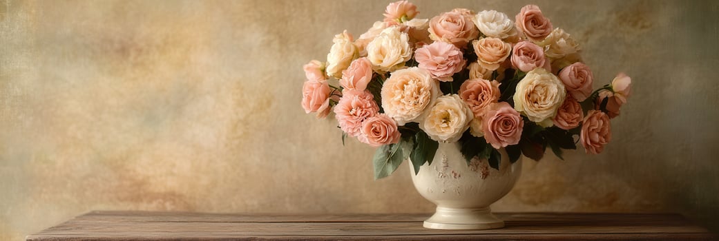 A beautiful arrangement of roses and carnations in a vintage vase sits gracefully on an antique wooden table. photo
