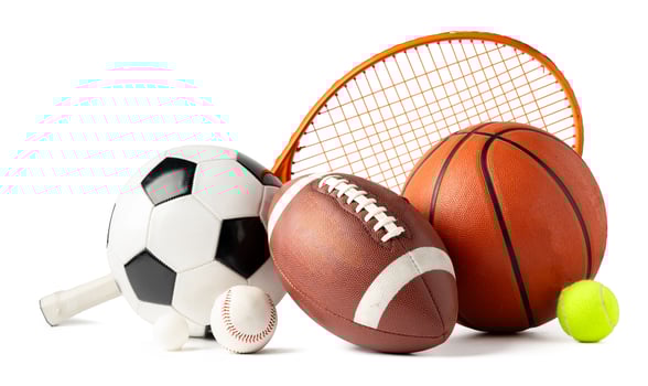 Assorted sports equipment isolated on white background photo
