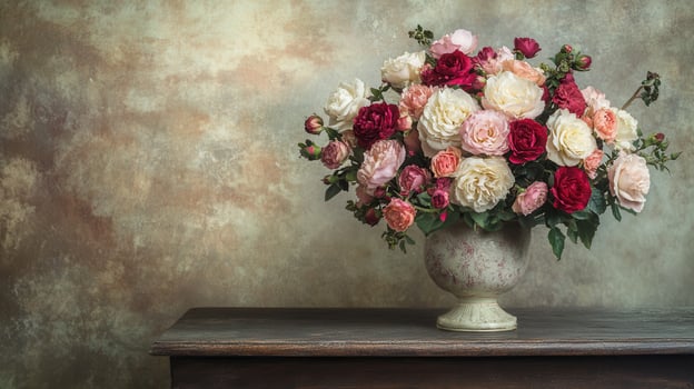 A delightful arrangement of roses and carnations fills a vintage vase, elegantly resting on a rustic wooden table. photo