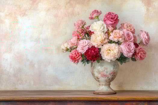 A charming bouquet of roses and carnations fills a vintage ceramic vase on an antique wooden table, adding warmth to the space. photo