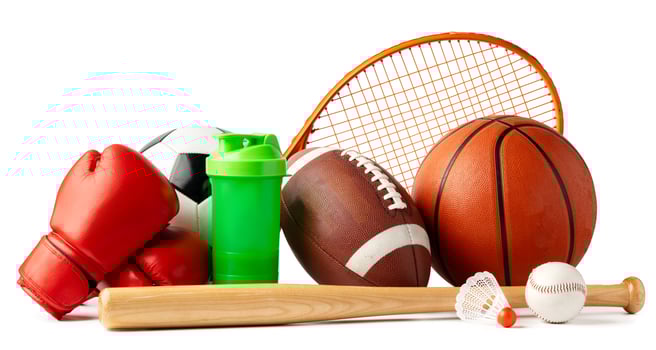 Assorted sports equipment isolated on white background photo