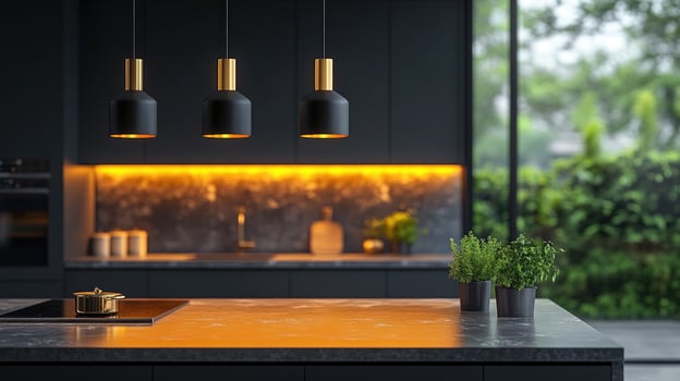 Modern kitchen with marble island and pendant lighting photo