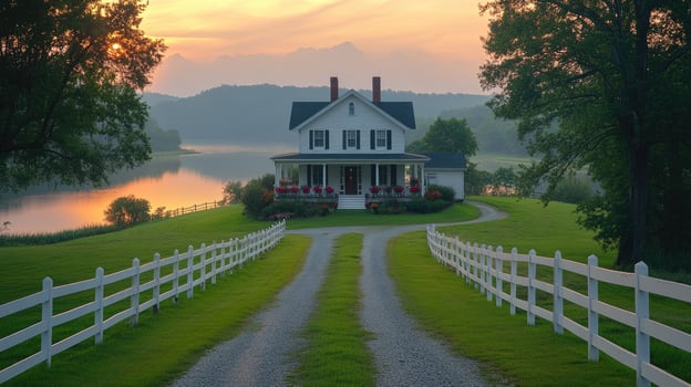 Gravel driveway leading to classic white southern style home at sunset photo
