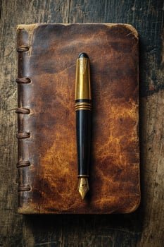 Leather journal with a fountain pen on wooden surface. photo