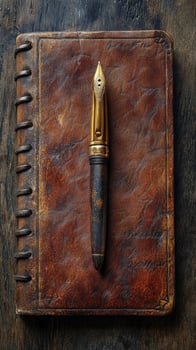 Vintage leather notebook with elegant fountain pen on top photo
