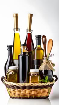 Holiday Gift Basket with Bottles of Oil, Vinegar and Kitchen Utensils Isolated on White Background photo