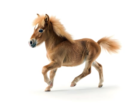 Miniature pony foal walking, isolated on a white background photo
