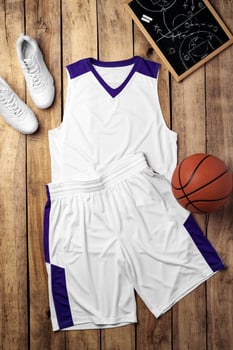 Basketball uniform on wooden background top view photo