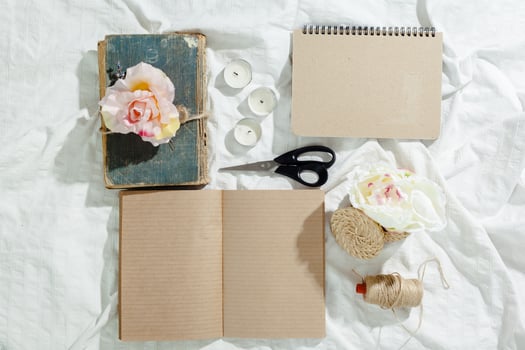flowers with empty vintage notebook for your design photo