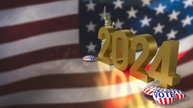 The brooch vote and statue of liberty on USA flag for U.S. presidential election concept 3d rendering. photo