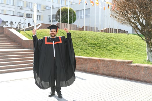 Handsome indian graduate in graduation glow with diploma photo