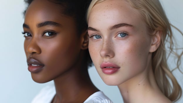 Two women, one with dark skin and one with fair skin. photo