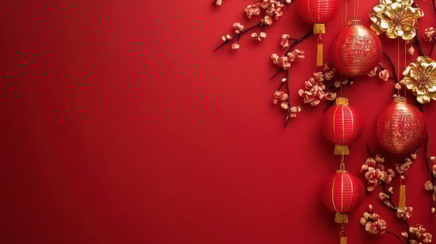 Chinese new year background with red lanterns and flowers photo