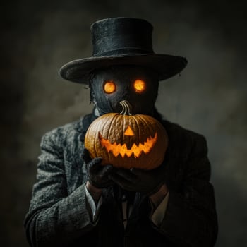 Halloween scary man in black hat and top hat holding pumpkin photo