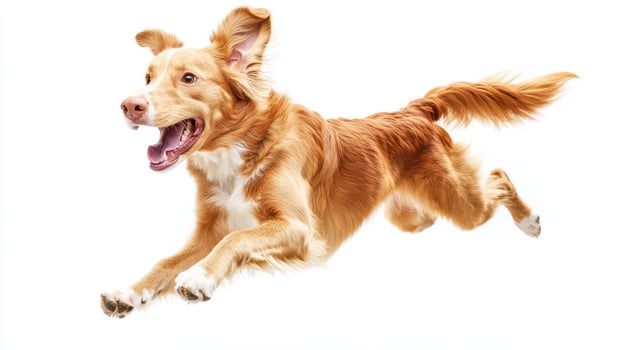 A dog is running in the air on a white background photo