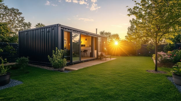 A container house in the backyard at sunset photo