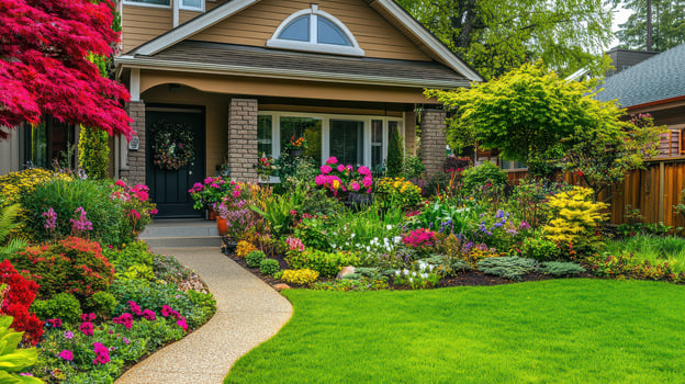 A beautiful yard with flowers and a house photo