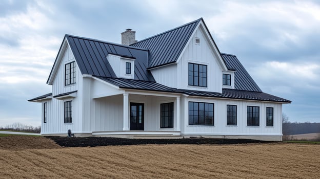 A white farmhouse with a black roof photo