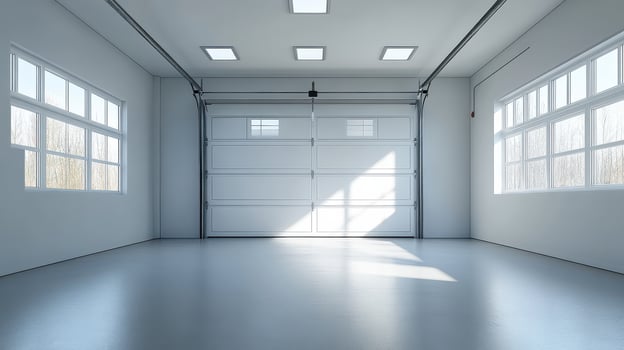 An empty garage with a large door photo