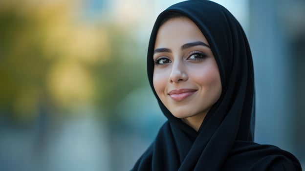 Beautiful arabic woman smiling in the city photo