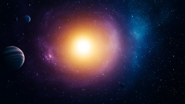 Cosmic vortex of stars and planets on a gradient from deep purple to sunrise orange photo