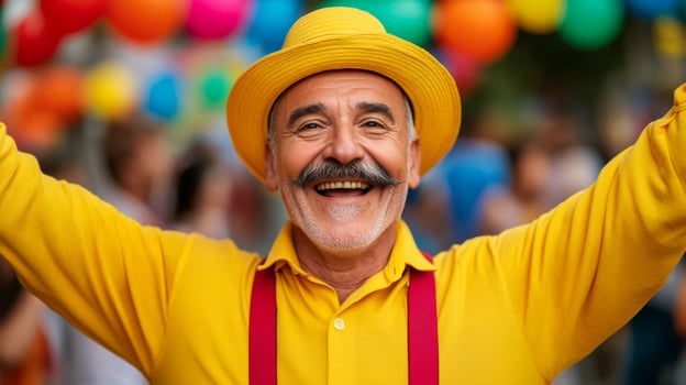 Elderly man with a thick mustache and suspenders dancing joyfully at a lively street festival colorful background photo
