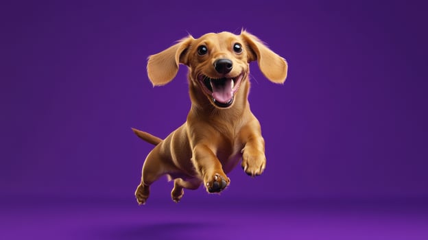 A dachshund dog is jumping in the air on a purple background photo