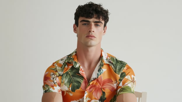 Fashion model man in a silk shirt with a tropical print seated on a chair in a minimalist white space photo