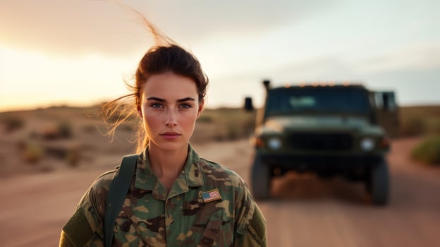 Female US veteran in desert camouflage American truck soft sunset lighting intense eyes wind slightly blowing her hair dusty terrain photo