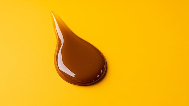 Glossy caramel lip gloss in a thick luminous droplet with highlights catching warm light on a creamy background photo