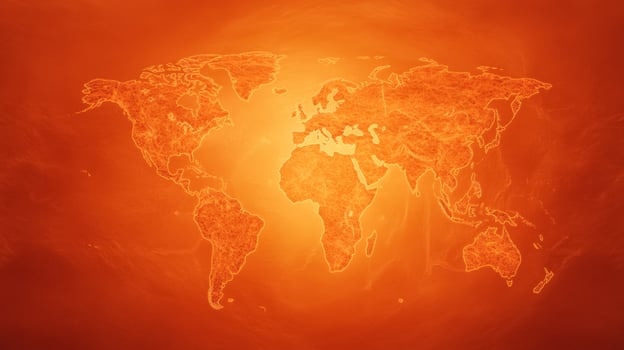 Intense red and orange heatwave patterns spreading over continents from satellite view temperature spikes visible photo