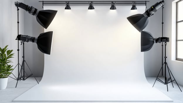 Photo studio with lighting and white background