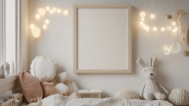 A white room with a bed, a white wall and a framed picture photo