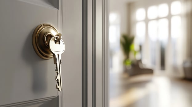 Key on the door of a house with a view of the outside photo