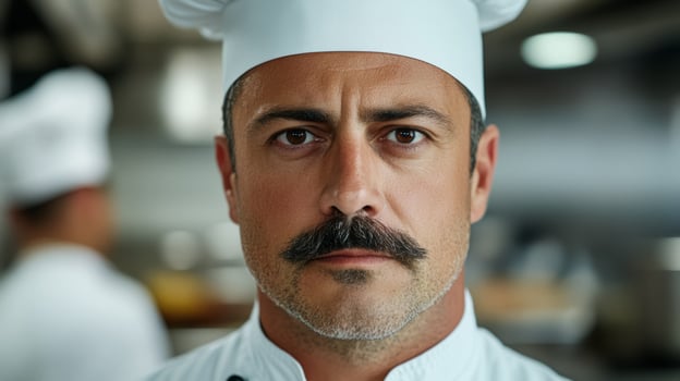 Middle aged man with a stylish mustache and a chefs hat cooking in a bustling kitchen focused expression photo