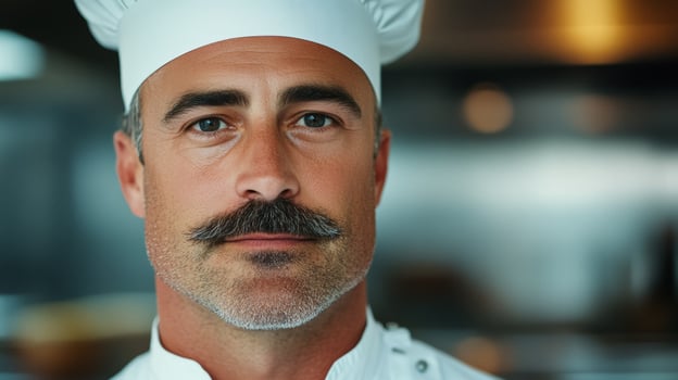 Middle aged man with a stylish mustache and a chefs hat cooking in a bustling kitchen focused expression photo