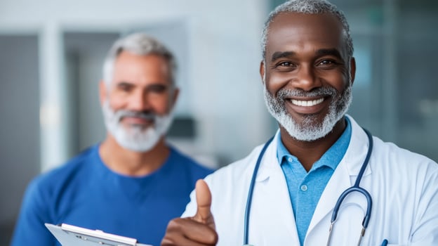 Smiling doctor holding a clipboard giving thumbs up to a middle aged man post checkup positive vibe photo