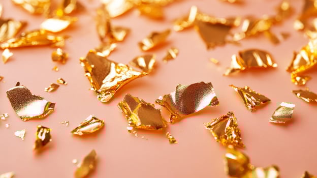 Sparkling gold leaf fragments on a soft peach cream surface a luxurious and delicate closeup of cosmetic textures photo