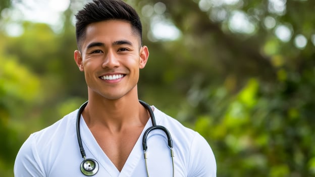 Young man holding a stethoscope to his chest with a confident smile promoting self care and awareness photo