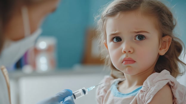 A little girl is getting an injection from a doctor photo