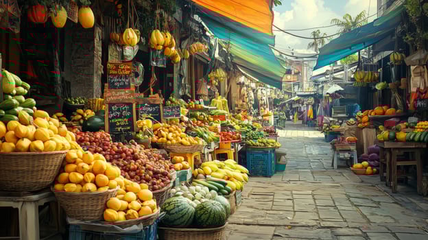 Colorful fruit and vegetable market. Stand with a variety of fresh produce for sale photo