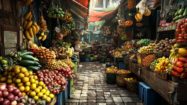 Colorful fruit and vegetable market. Stand with a variety of fresh produce for sale photo
