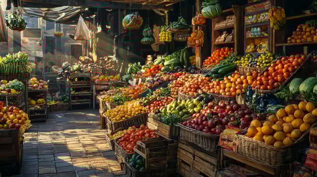 Colorful fruit and vegetable market. Stand with a variety of fresh produce for sale photo